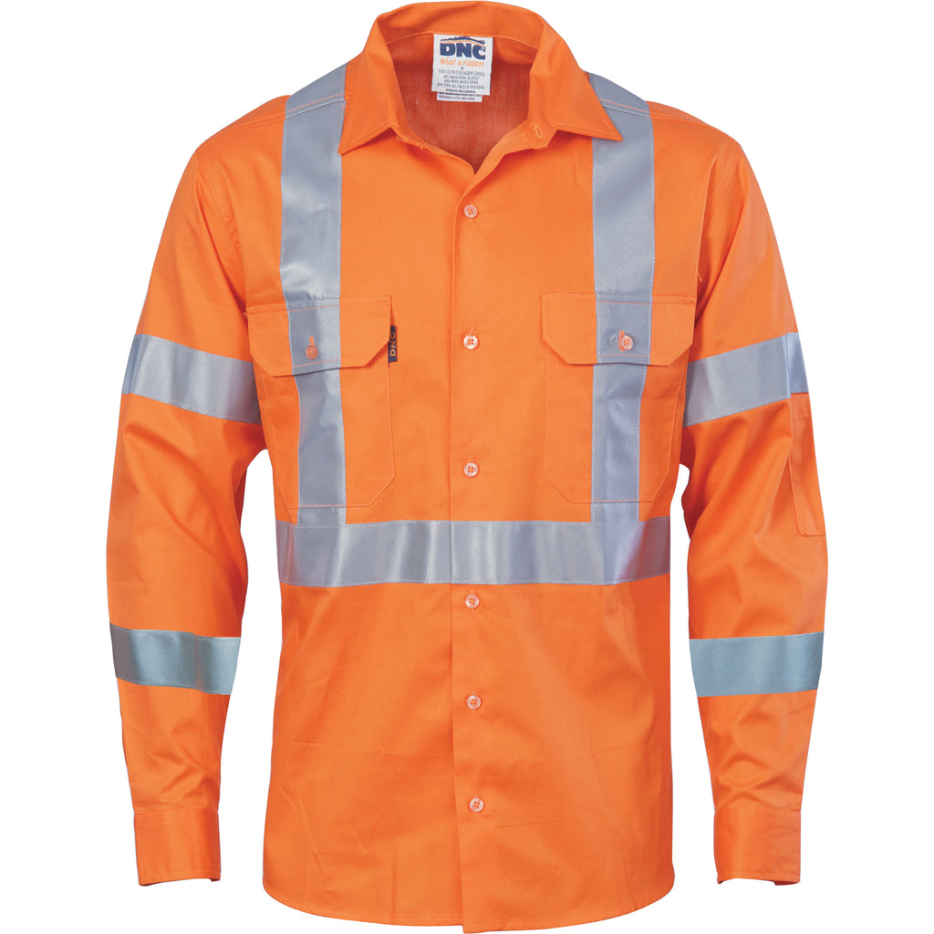 3789 - Hi Vis cool-breeze cotton shirt with double hoop on arms & 'X' back CSR R/tape - long sleeve