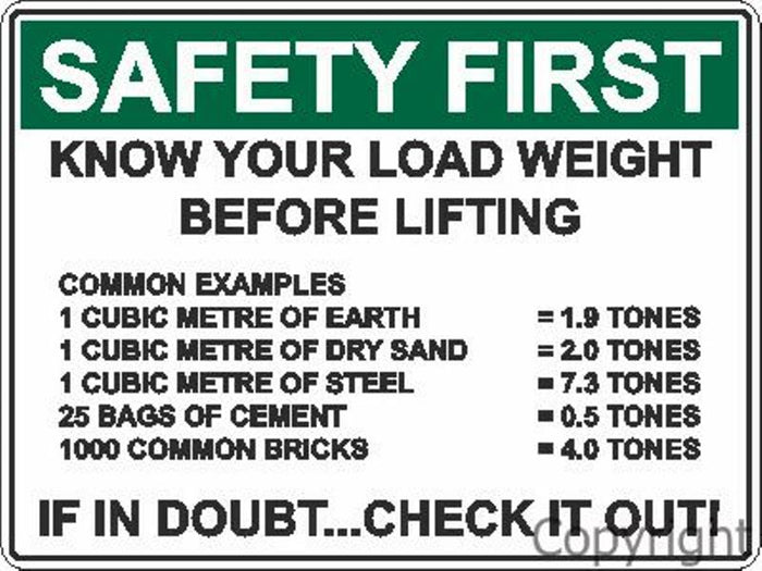 Safety First Know Your Load Weight etc. Sign